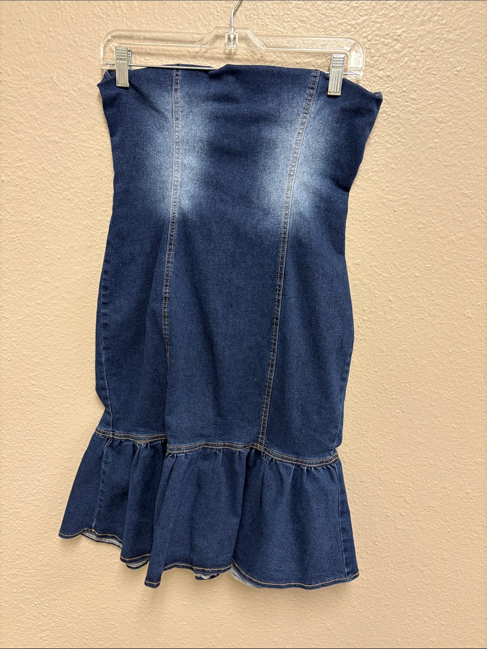 SHEIN Dark Blue Denim Strapless Ruffle Hem Dress